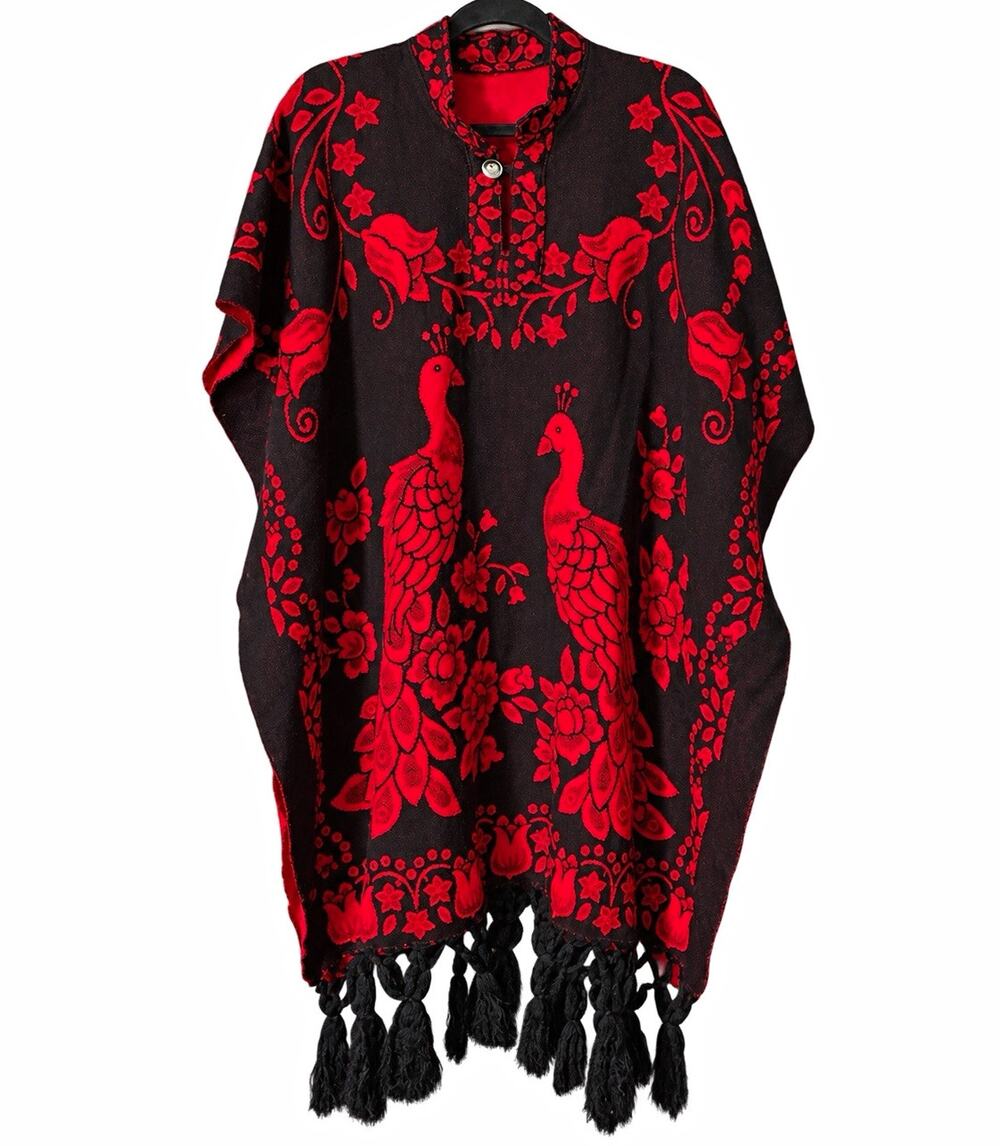 Peacock Black Red Poncho Cape Mexican Folk Art Boho Fringe Kaftan
